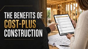 Contractor reviewing a transparent cost-plus construction budget with a customer