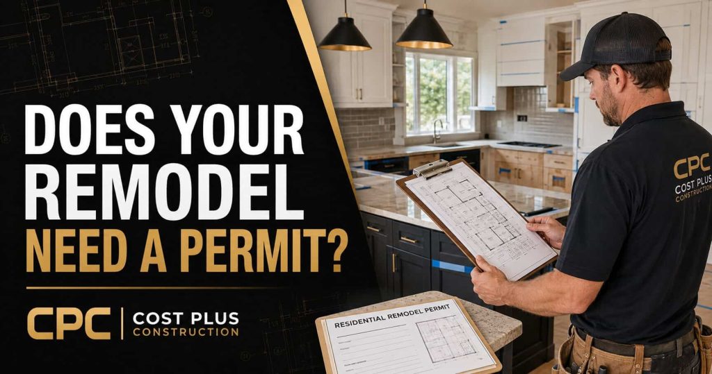Contractor reviewing residential plans during a Houston kitchen remodel that may require permits.