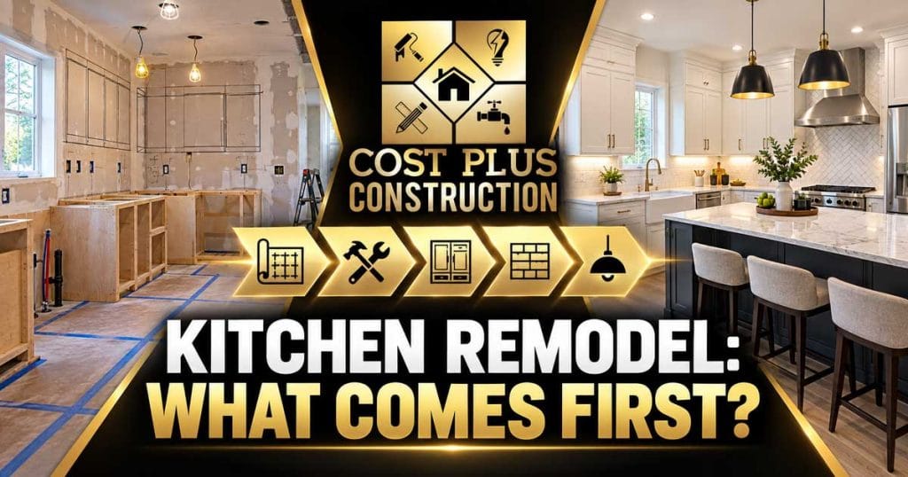Organized kitchen remodel shown from cabinet layout and rough work through a completed black white and gold accented kitchen