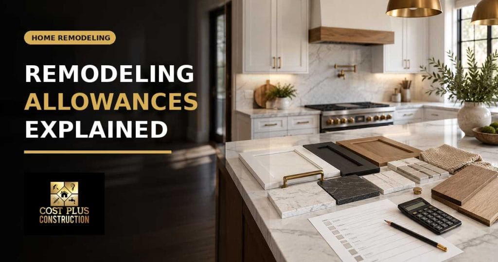 Kitchen remodeling selection table with cabinet countertop tile and flooring samples used to plan construction allowances