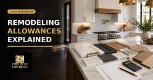 Kitchen remodeling selection table with cabinet countertop tile and flooring samples used to plan construction allowances