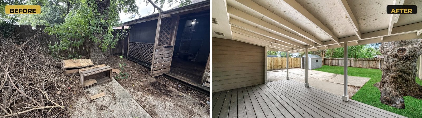 Backyard before and after: brush and debris cleared, covered patio painted white and wood deck painted gray