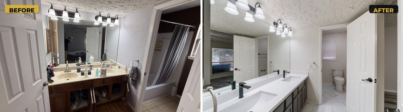 Bathroom before and after: double vanity painted dark gray with white counter, rectangular undermount sinks and matte black faucets