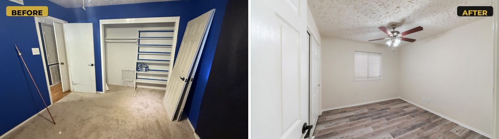 Second bedroom before and after: bright blue walls painted neutral, carpet replaced with plank flooring and ceiling fan with light kit added