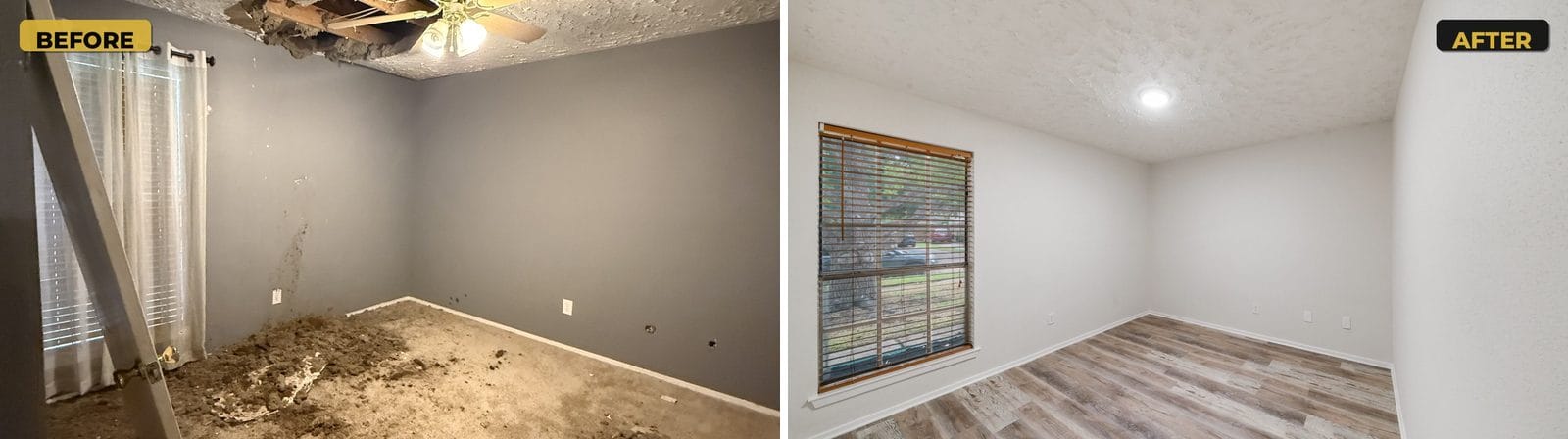 Bedroom before and after: collapsed ceiling drywall repaired, walls painted light neutral and carpet replaced with wood-look plank flooring