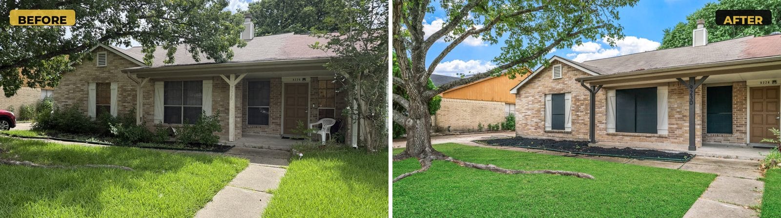 Before and after of a Houston brick home front: overgrown shrubs cleared, beds mulched and porch posts painted dark charcoal
