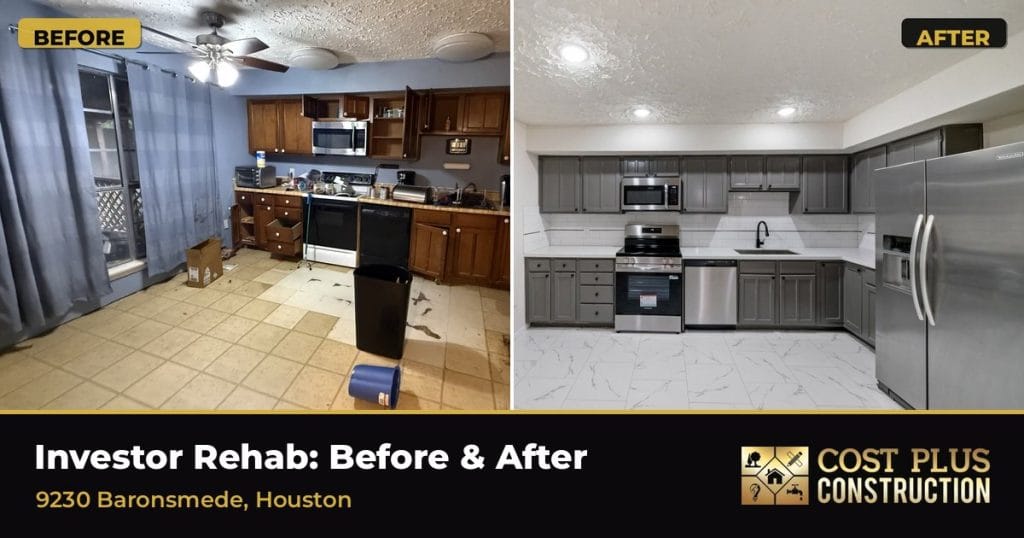 Kitchen before and after from an investor rehab at 9230 Baronsmede in Houston by Cost Plus Construction