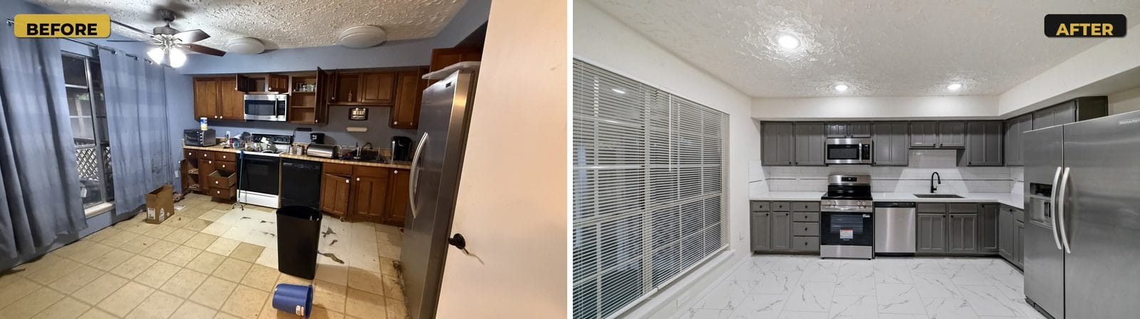 Kitchen remodel before and after: brown cabinets painted gray, white countertops, subway tile backsplash, stainless appliances and marble-look tile floor
