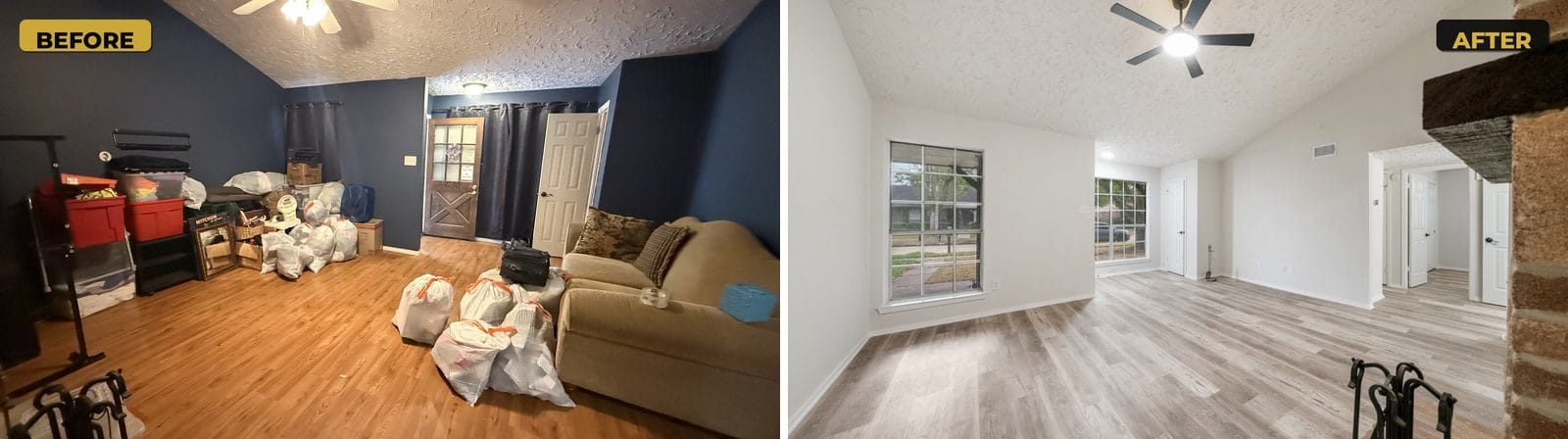 Living room before and after: navy walls and orange laminate replaced with light neutral paint, wood-look plank flooring and a black ceiling fan