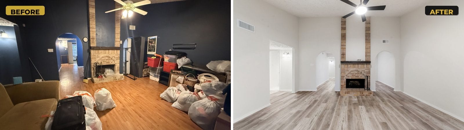 Living room fireplace wall before and after: brick fireplace kept, navy walls painted light neutral and new plank flooring