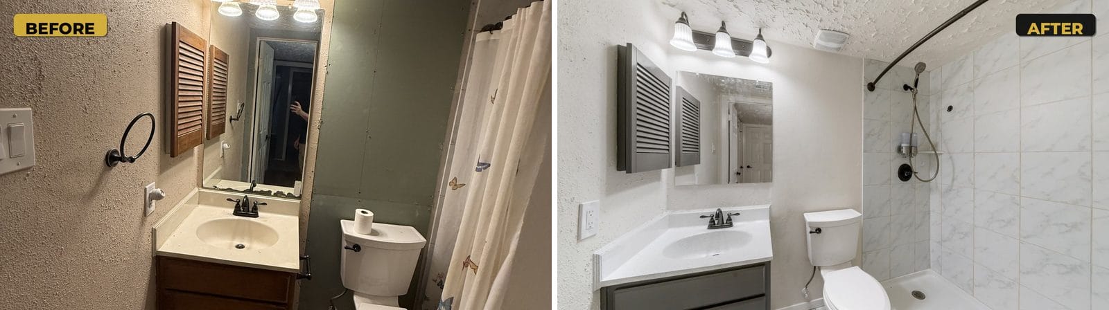 Second bathroom before and after: unfinished shower wall replaced with floor-to-ceiling marble-look tile surround and painted gray vanity