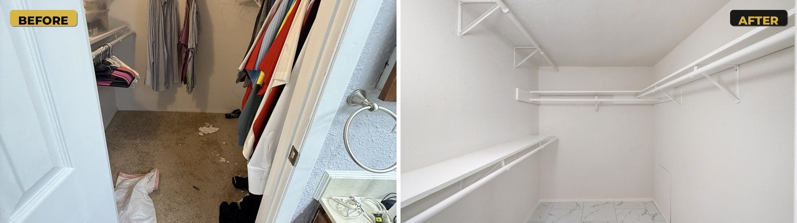 Walk-in closet before and after: dirty carpet replaced with marble-look tile, walls painted white and new white shelves and rods
