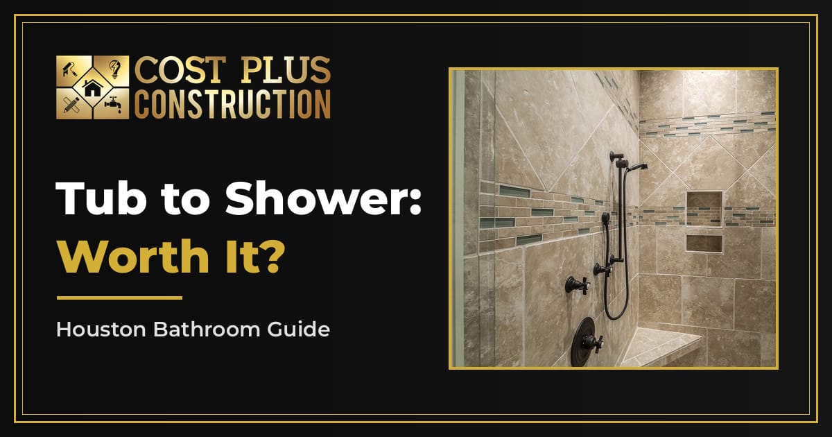 Tiled walk-in shower with a built-in niche and bench, illustrating a tub-to-shower conversion guide for Houston homeowners